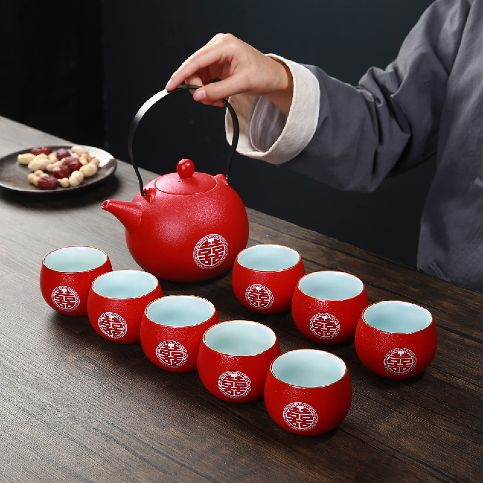 Porcelanowy serwis do herbaty Zestaw do herbaty dla dorosłych Czerwone zestawy do herbaty Kung Fu Czajniczek z 8 filiżankami i tacą na herbatę Prezent ślubny,Filiżanki i spodki do herbaty