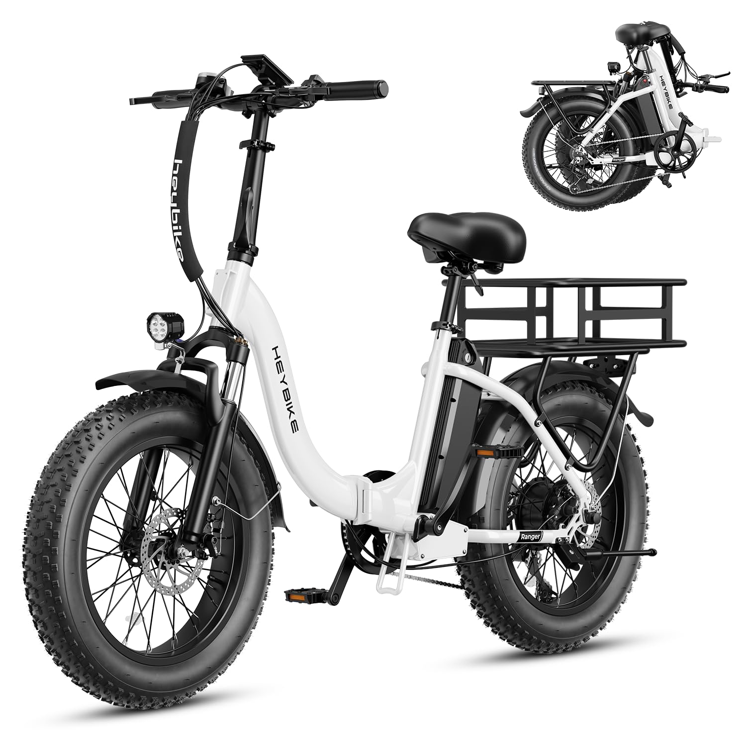 Heybike Ranger Electric Bike for Adults, Peak 1400W Upgraded Motor Ebike, 28MPH [20" Fat Tire All-Terrain] 600Wh Removable Battery Folding Step-Thru E Bike with Front Suspension