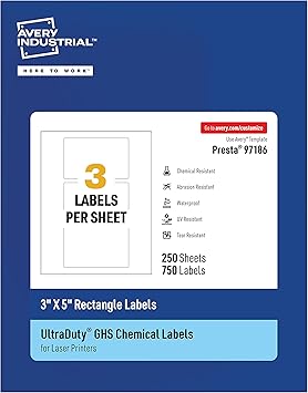 Avery UltraDuty GHS Labels, Waterproof, 3 X 5 Inch Rectangle Printable Labels, Pack of 750 White Labels for Use with Laser Printers