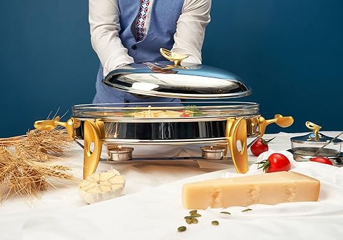 Miniatura 6 de Regent O2 - Calentador ovalado de acero inoxidable de 3 litros con tapa de acero inoxidable, plato para rozar, servidores de bufé, dorado, plateado