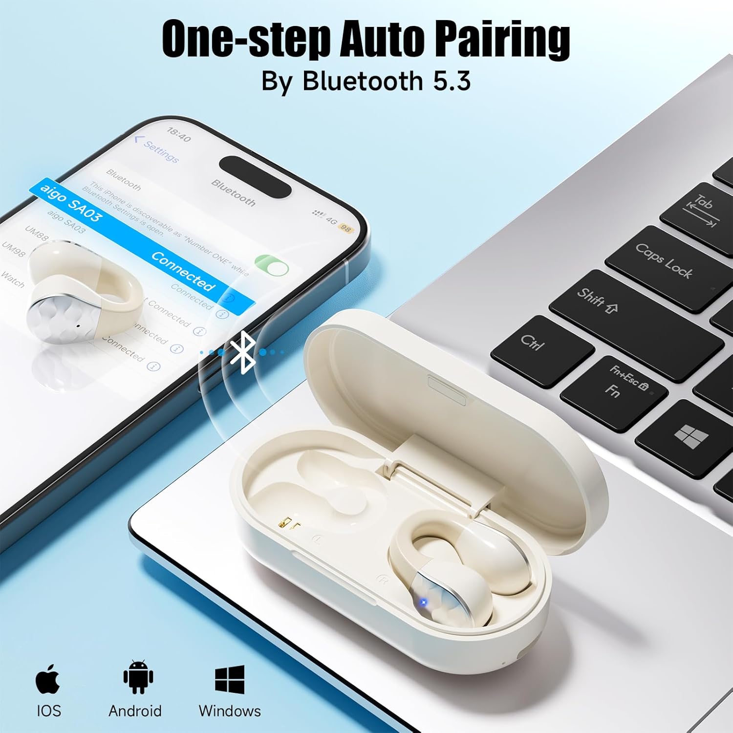 aigo SA03 earbuds pairing with a smartphone via Bluetooth 5.3