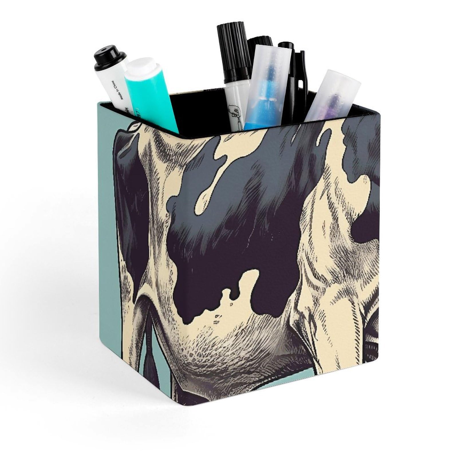 FekiLoot Hand Drawn Cow Pencil Holder Square Leather Pen Holder Cup Modern Multi-Functional Pencil Cup Holder Decorative Desk Organizer Caddy Makeup Brush Holders for Desk Office