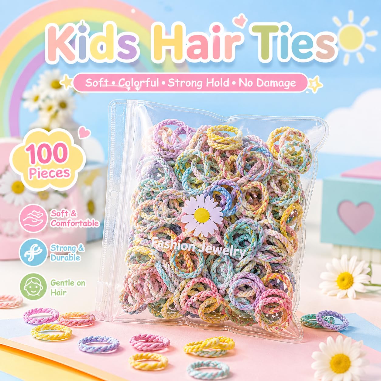 Small Hair Ties in Spring Colors, High Elasticity, for Girls and Baby, 100 Pieces per Bag