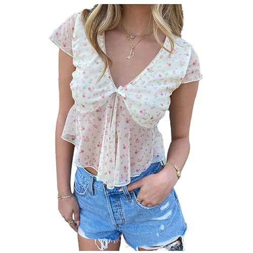 Women Babydoll Floral Tank Top Flower Print Ruffle Strap Sleeveless Peplum Shirt Flutter Sleeve Square Neck Cami Top - Sheer White - Small