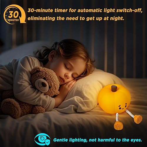Vista 2 de Luz nocturna de calabaza, luz recargable regulable para bebé, luz nocturna de Halloween con temporizador, lámpara táctil suave y exprimible, bonita
