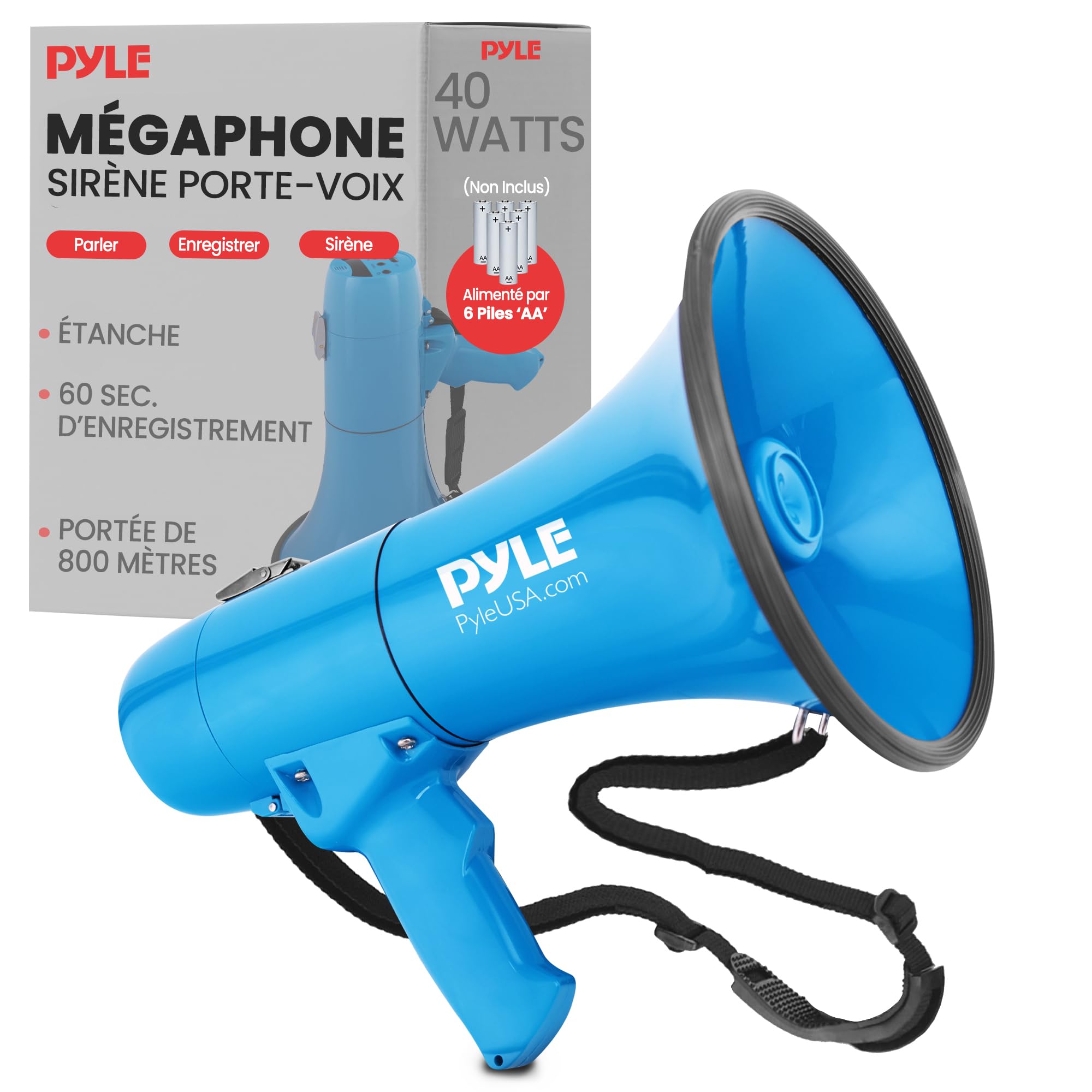 Pyle Mégaphone - Haut-Parleur 40 W avec Sirène et Musique - Mégaphone Porte-Voix Portatif et Léger, Portée 670 m², pour Intérieur et Extérieur – Bleu