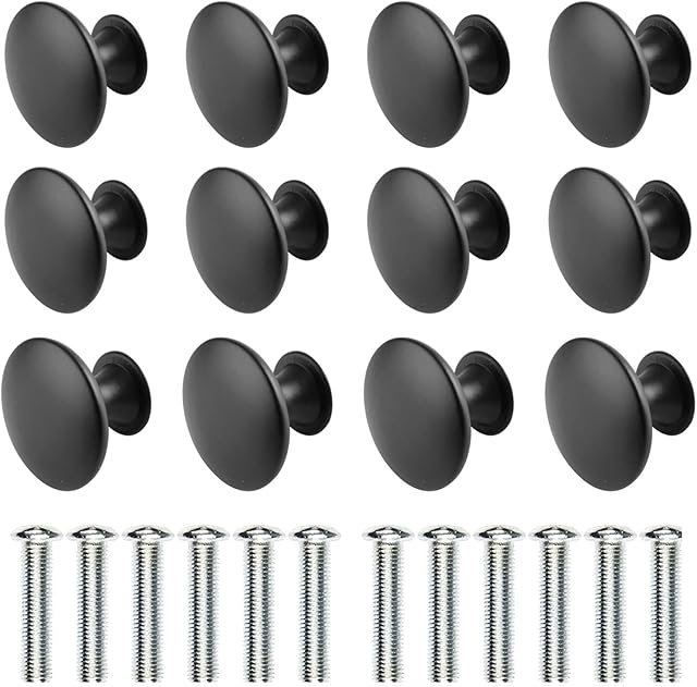 Wajade Round Drawer Knobs 12 Pack Black Cabinet Knobs Drawer Handles Pulls with Screws for Cabinet Wardrobe Drawer Cupboard of Kitchen Bedroom Furniture 30mm