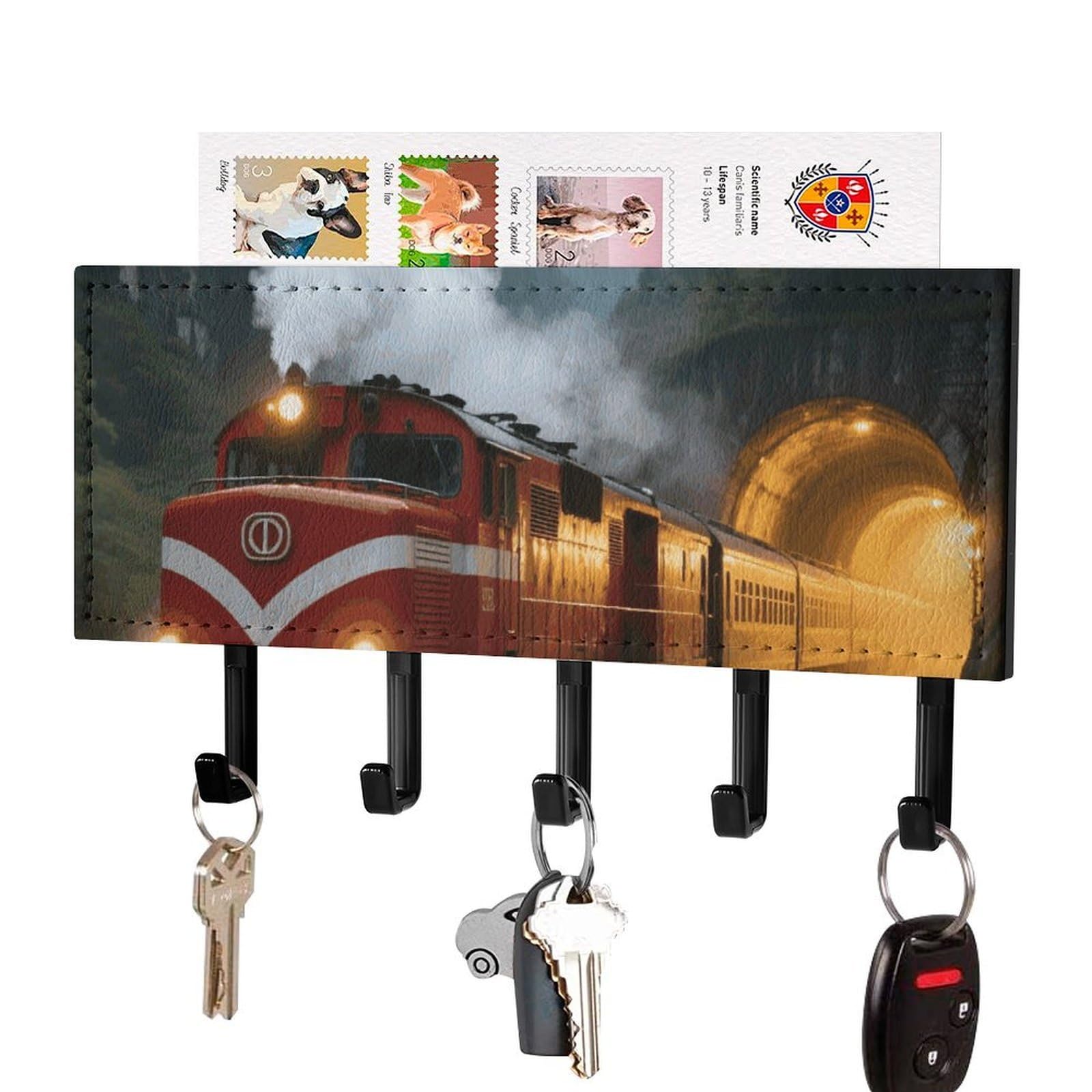 DWVTSLH Train Key Holder for Wall, Decorative Key Hooks with Mail Organizer & 5 Hooks, Self Adhesive Leather Key Hanger for Entryway, Wall Mounted Key Rack (7.1” X 4.3” X 0.9”)
