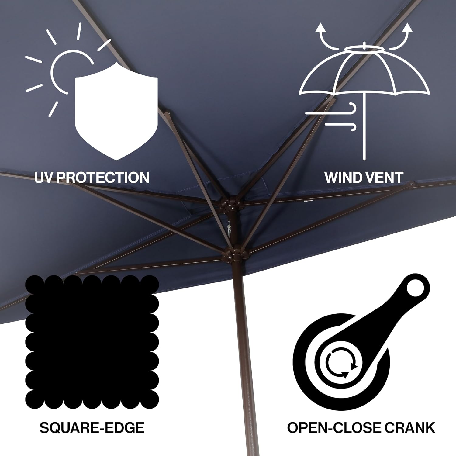 JONATHAN Y Sidney Coastal 9 ft. Navy Half Umbrella for Outdoor Patio, Space-Saving Rectangular Wall Sun Shade with Crank Lift, UV Protection for Balcony, Deck, Dark Brown Pole UMB1200C