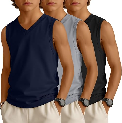 YooAurvox 3 Pack Boys' Tank Undershirts, 3-Color, 11-12 Years