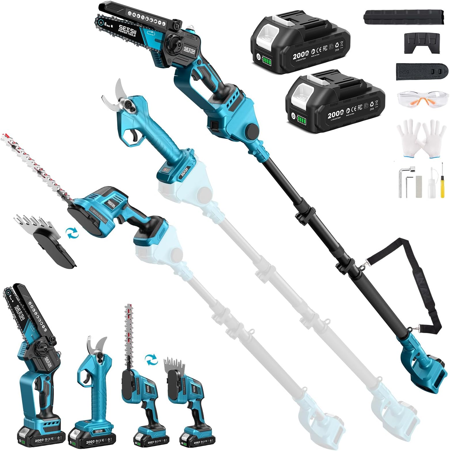 SEESII Electric Chainsaw, High Branch Cutting Electric Scissors, Pole Hedge Trimmer, 8 in 1, Detachable and Extendable, 74.8 - 1188.4 inches (190 - 300 cm) Length, Stepless Adjustment, 0° to 180° Hedge Adjustment, 2 Pieces Large Capacity Battery, Cutting Lawn, Pruning Garden Trees and Hedge Trees and Hedge Trees Cutting Woodworking Cutting Wood Making, Cutting Bamboo Gardening Equipment, Model Number: L35 pro