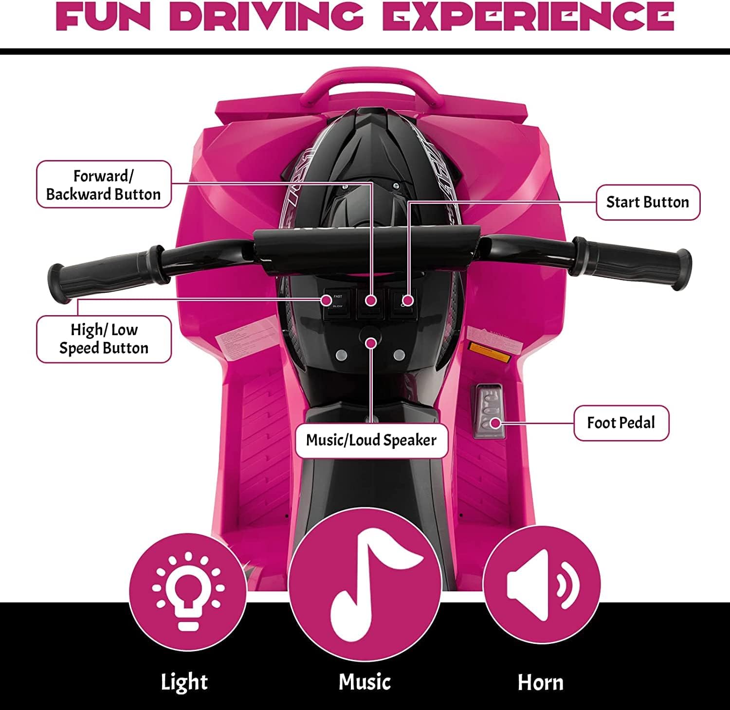 HONEY JOY 12V Ride On ATV, Battery Powered Electric Vehicle for Kids with Tread Tires, Forward/Backward, Horn, Music, Lights, High/Low Speed, 4 Wheeler Ride On Quad, Gift for Boys Girls (Pink)