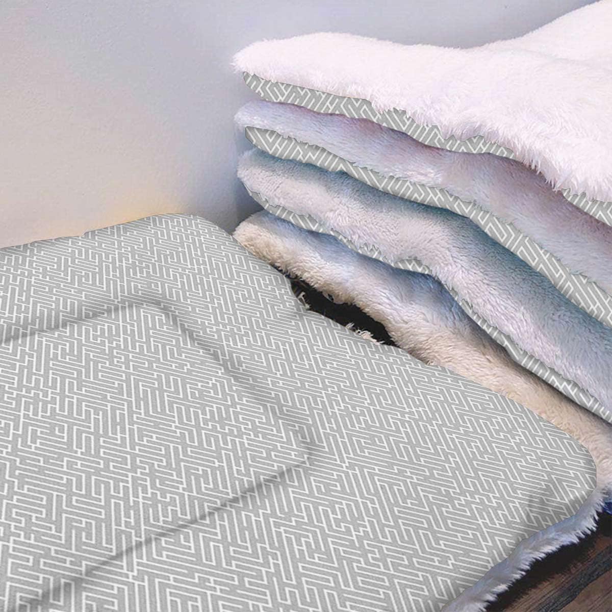 review Pale Grey Pet Self-Warming Convertible Cuddle Bed Greek Key Geometric Lines Abstract Soft Plush Autumn Winter Thermal Pet Bed Snooze Sleeping for Kittens Puppies Rabbits Vintage Style 22