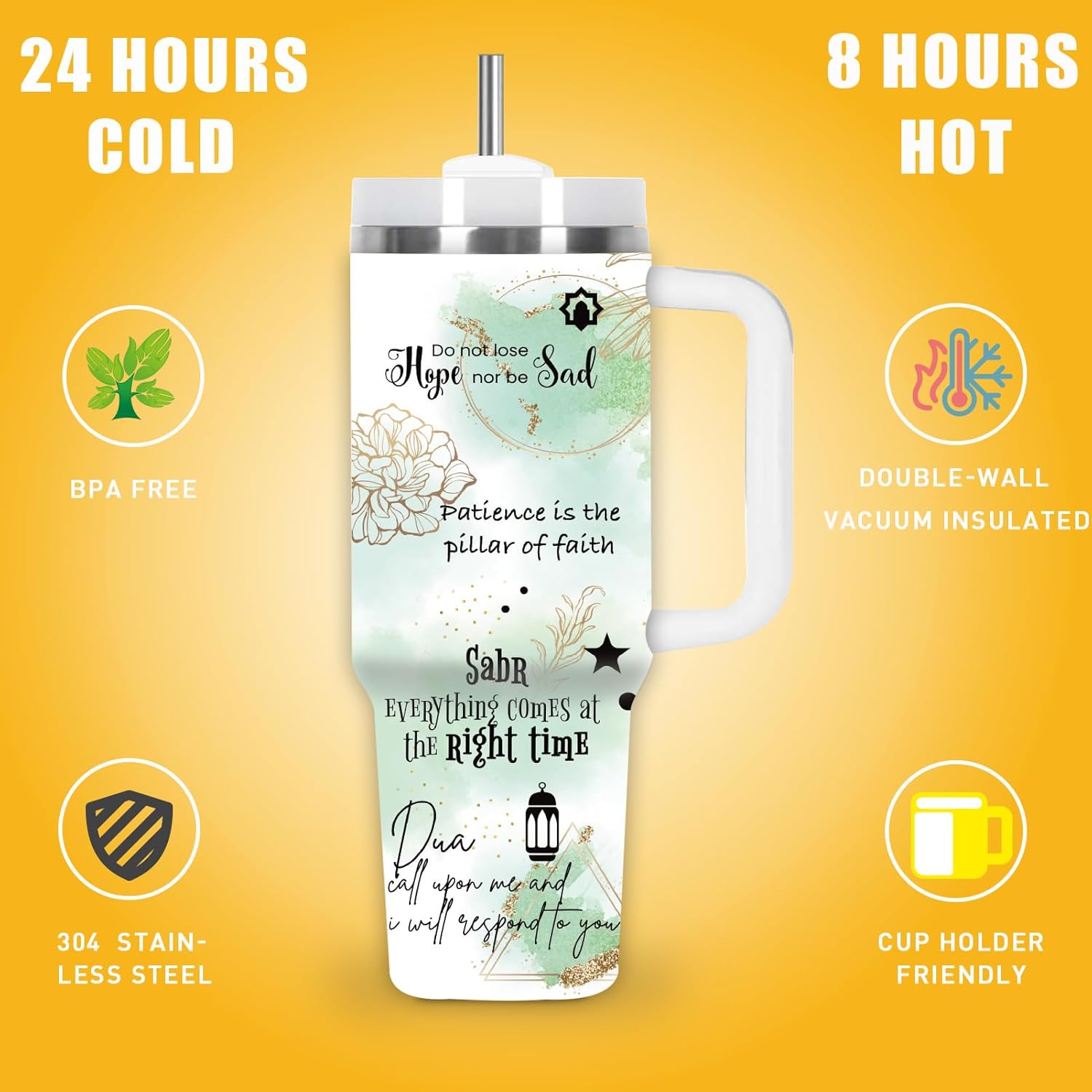 Islamic Muslim Tumbler 40 OZ, Eid al-Adha Hajj Umrah Eid and Ramadan Gift for Women, Inspirational Quran Verse Quote Travel Coffee Cup - Image 2