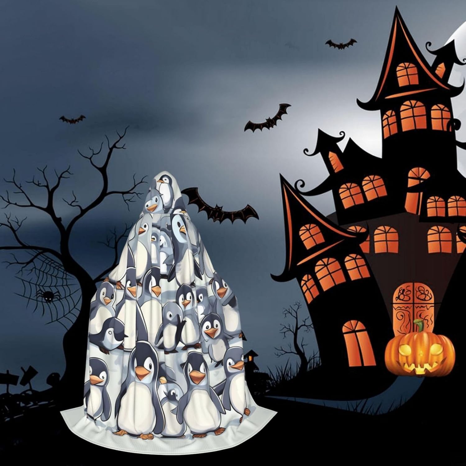 Cute Baby Penguins Sketch print Wizard Hooded Robe Medieval Cape Renaissance Cloak for Men Women Halloween Costume