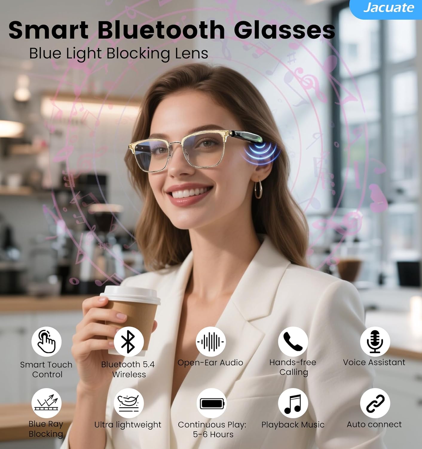 Bluetooth Audio Smart Glasses for Men& Women,Anti Blue Light Safety Glasses with Open Ear Speaker,Touch Control, Voice Assistant & Hands-Free Calls, Magnetic Charging,Auto On/Off Open Design