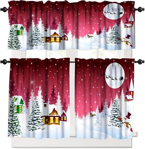 Miniatura 6 de Juego de cortinas de copos de nieve rojos de Navidad, cenefas de ventana y juego de niveles para sala de estar, cocina, decoración del hogar, 54 x