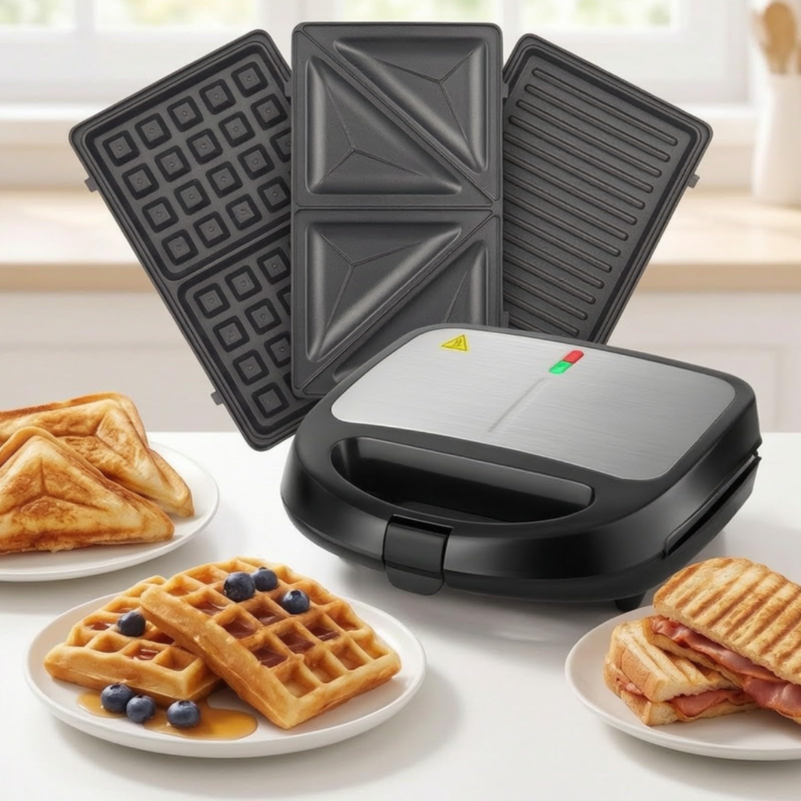 Sandwichera con Placas Intercambiables | Multifuncional, Gofrera con Placas Desmontables, Antiadherentes, Electrodoméstico, para Cocina, Oficina, Estudiantes