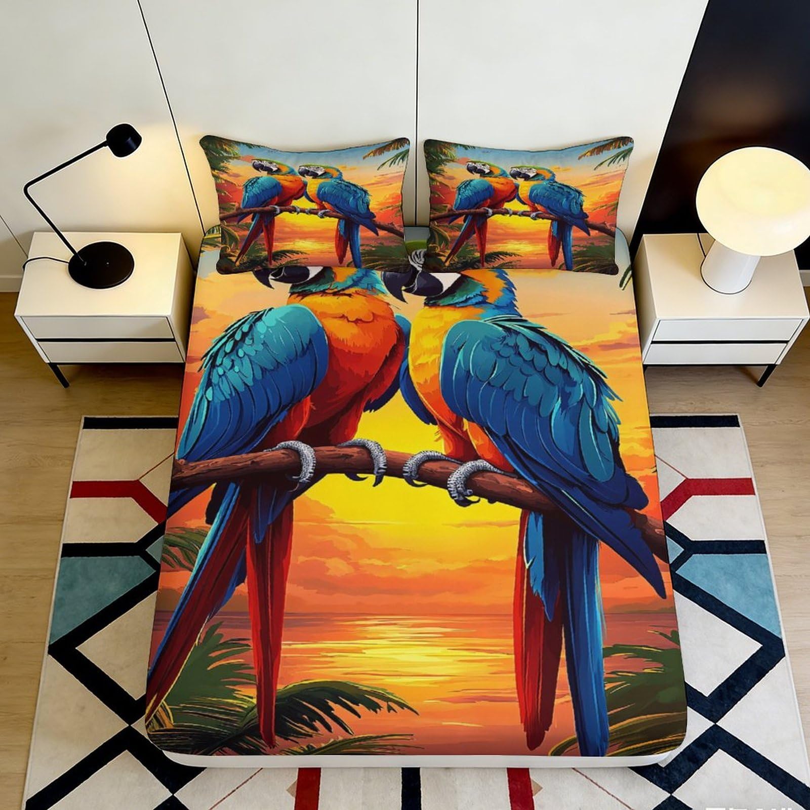 Jqzkxnhpbr Style-5 3D Printed Sunset Parrot Fitted Sheet Microfiber Soft Bed Cover Tropical Birds Mattress Cover Bedroom Decor 90X200x25cm
