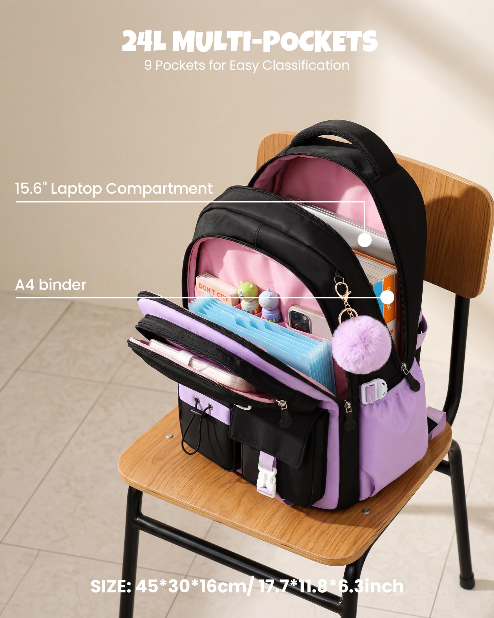 Amythe Set 3 Pezzi Zaino Ragazza 3a-7a Elementare | Zaino Adolescente Sacca Pranzo Astuccio Impermeabile 24L Elementari Medie