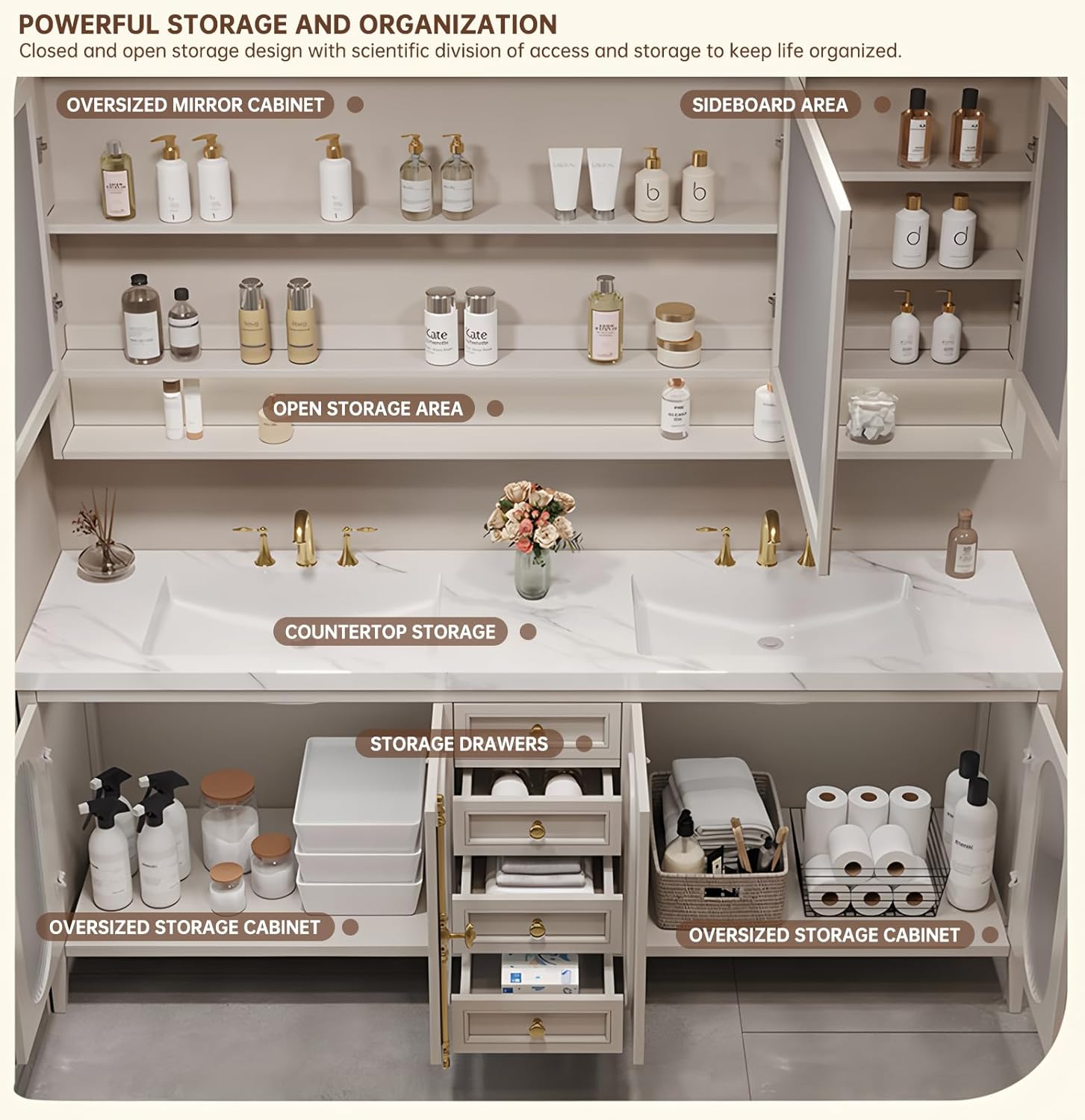 An overhead view of the vanity's storage features, including the oversized mirror cabinet, open storage area, countertop, storage drawers, and oversized storage cabinets, all organized with various bathroom items.