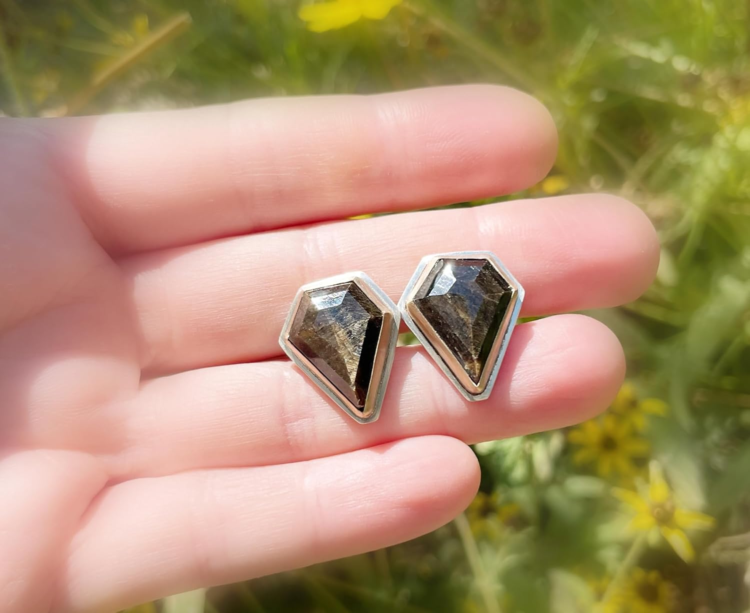 shield cut golden sheen sapphire cufflinks sterling silver and bronze, wedding cuff links, groom cufflinks, unique anniversary gift for men