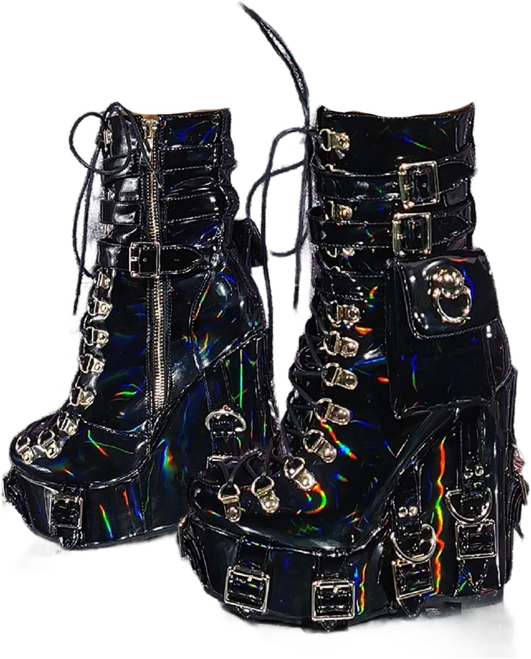 Platform Goth Ankle Boots for Women Patent High Heeled Wedge Gothic Boots Buckle Pocket Side Zip Ankle Punk Boot