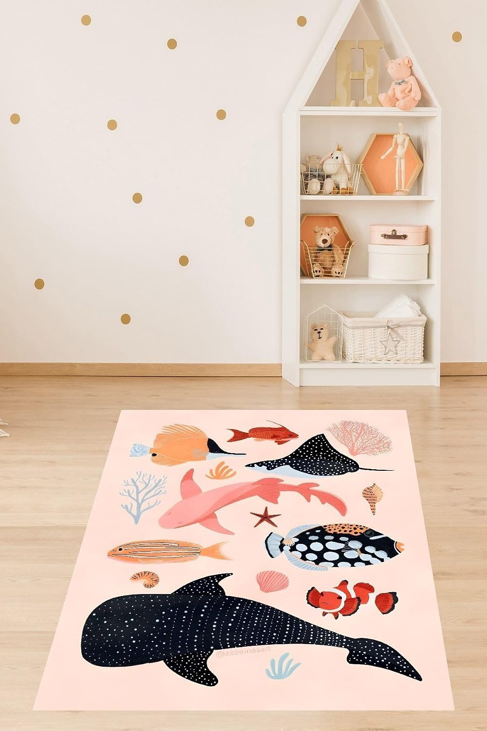 Pelangi Yunus Balığı Denizaltı Hayvanları Yıkanabilir Kaymaz Taban Leke Tutmaz Çocuk Odası Halısı, Pembe-Mavi-Turuncu-Lacivert 80 x 500