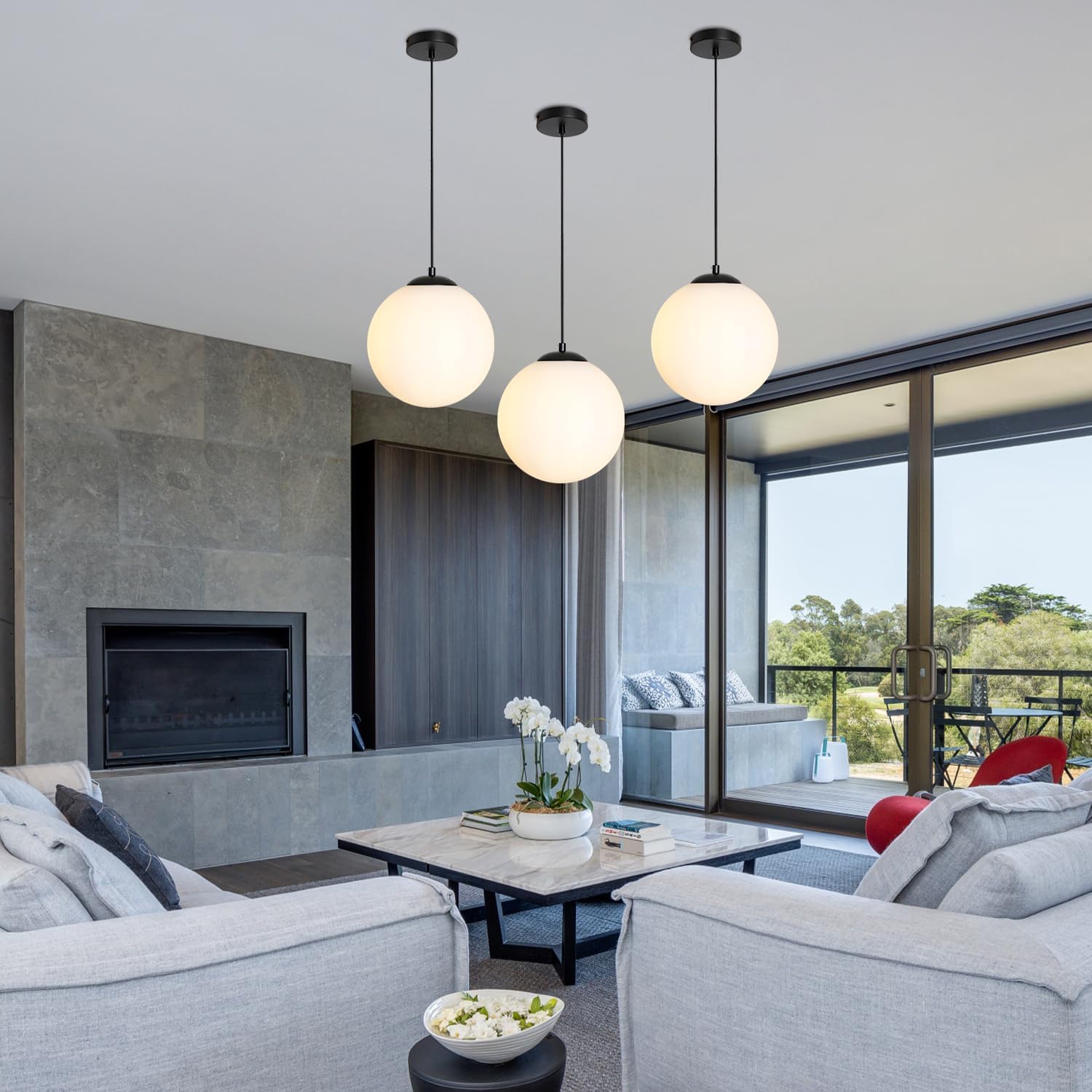 Globe Glass Pendant Lights - Black Mid Century Light Fixture with Milk Glass, Modern Ceiling Chandelier, Large Hanging Pendant Light for Kitchen, Bedroom, Living Room, Dinning Room, Hallway