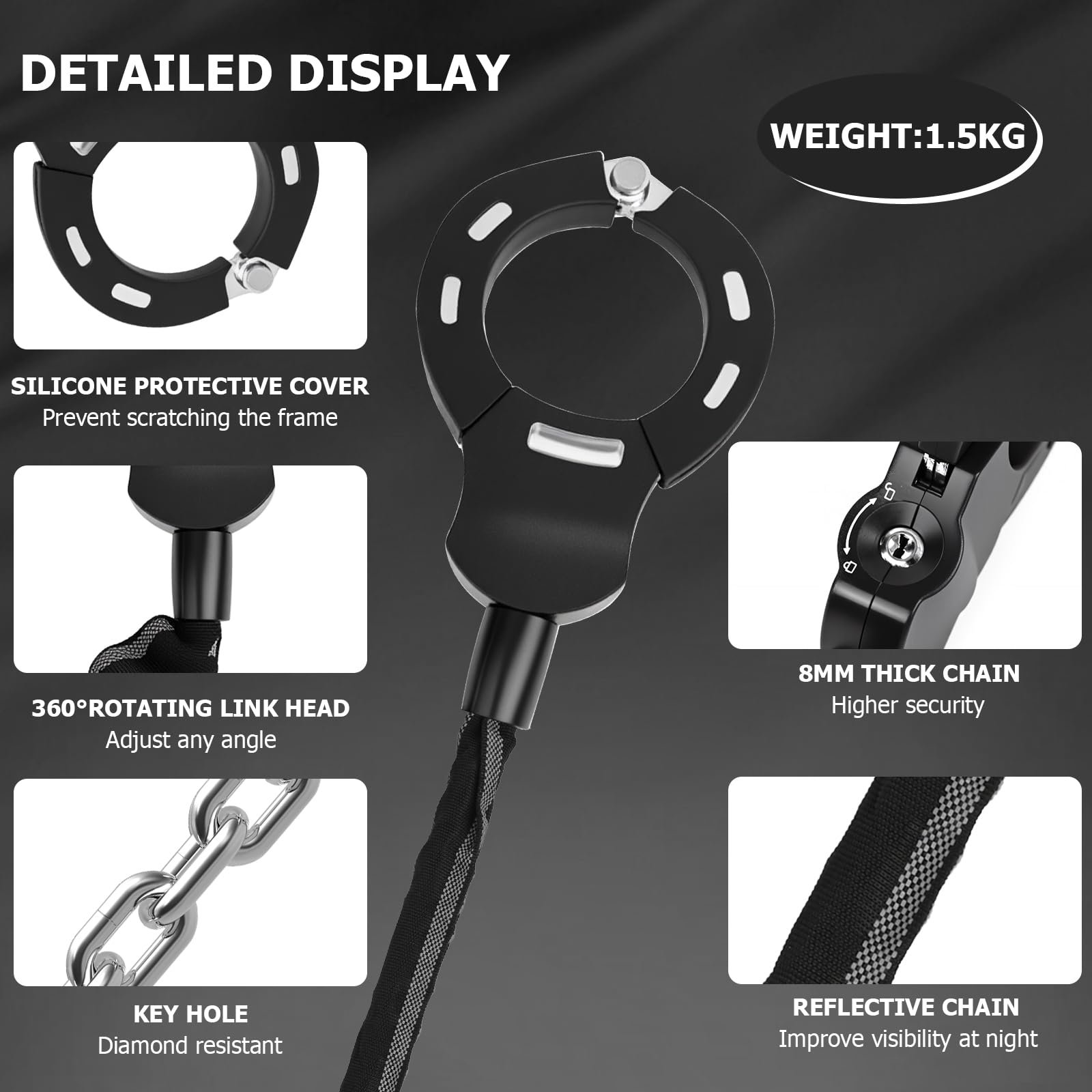 GuKKK Antifurto Monopattino Elettrico, 92CM Lucchetto Bicicletta Antifurto, 1.5KG Serrature Antifurto per Biciclette Elettriche, Lucchetto Bici, Lucchetti a Catena Con Chiave e Borsa Impermeabile