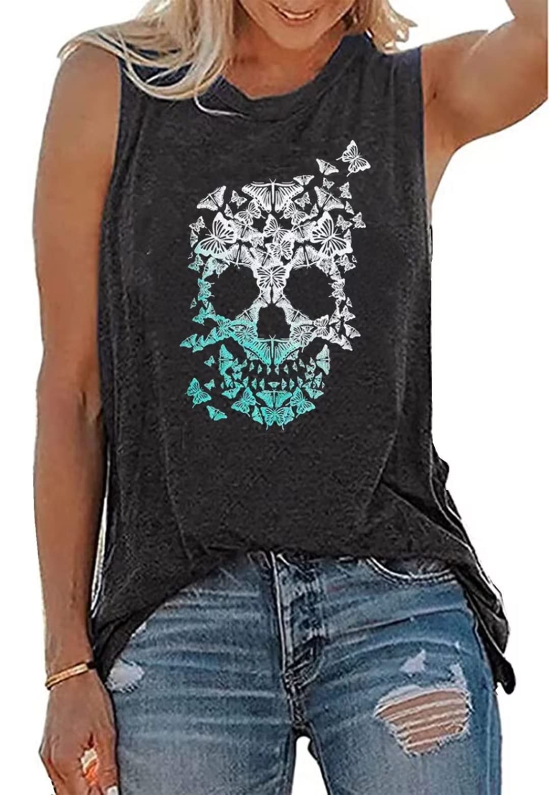 KBLDZHTSkull Shirt Women Halloween Horror Skeleton Graphic T-Shirt Vintage Gothic Short Sleeve Shirt Novelty Halloween Tshirts