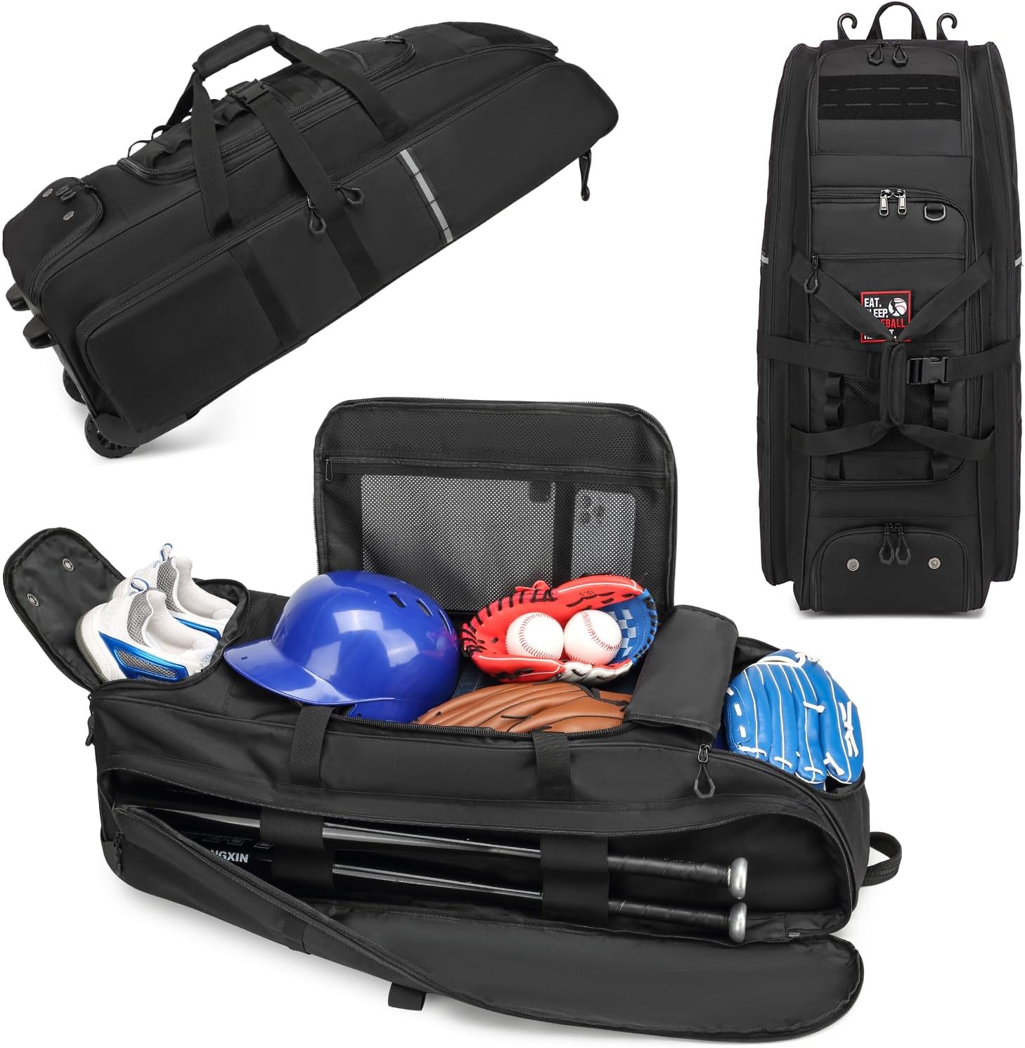 Rolling Baseball Bag with Wheels, Large Softball Catchers Gear Bags for 4 Bats, Team Equipment Duffle Bat Bag with Separate Shoe Compartment
