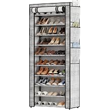 SUPERLELE Shoe Rack with Cover 6 Tier Gray | Shoe Rack with 4 Side Pockets, Shoe Organizer Holds 30-40 Pairs Shoes and Boots, for Closet, Entryway and Hallway.