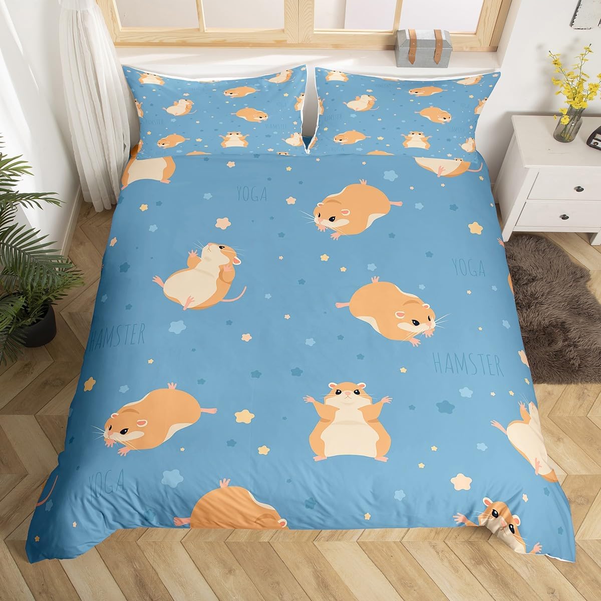 Cartoon Hamster Duvet Cover Set Full Size,Colorful Stars Dreamy Chic Bedding Set,Boys Girls Room Decor,Kawaii Mouse Cute Animal Pet Rustic Comforter Cover,Blue Quilt Cover,2 Pillowcases(No Filler)
