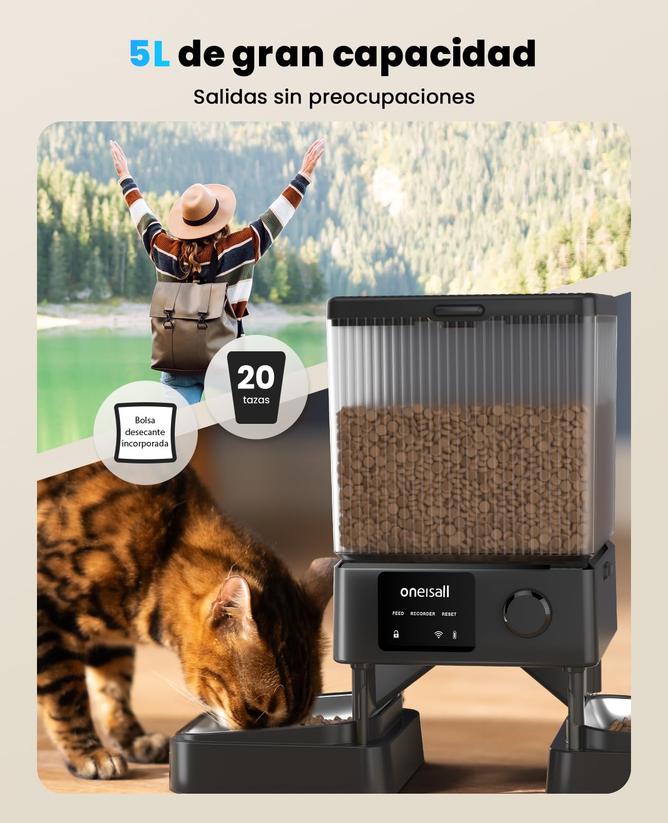 oneisall 5L Comedero Automático Gato 2 Tazones, 5G/2.4G WiFi Máquina de Comida Inteligente para Gatos/Perros, fácil Operación con Control App, con 2 Tazones de Acero Inoxidable, Grabadora de Voz