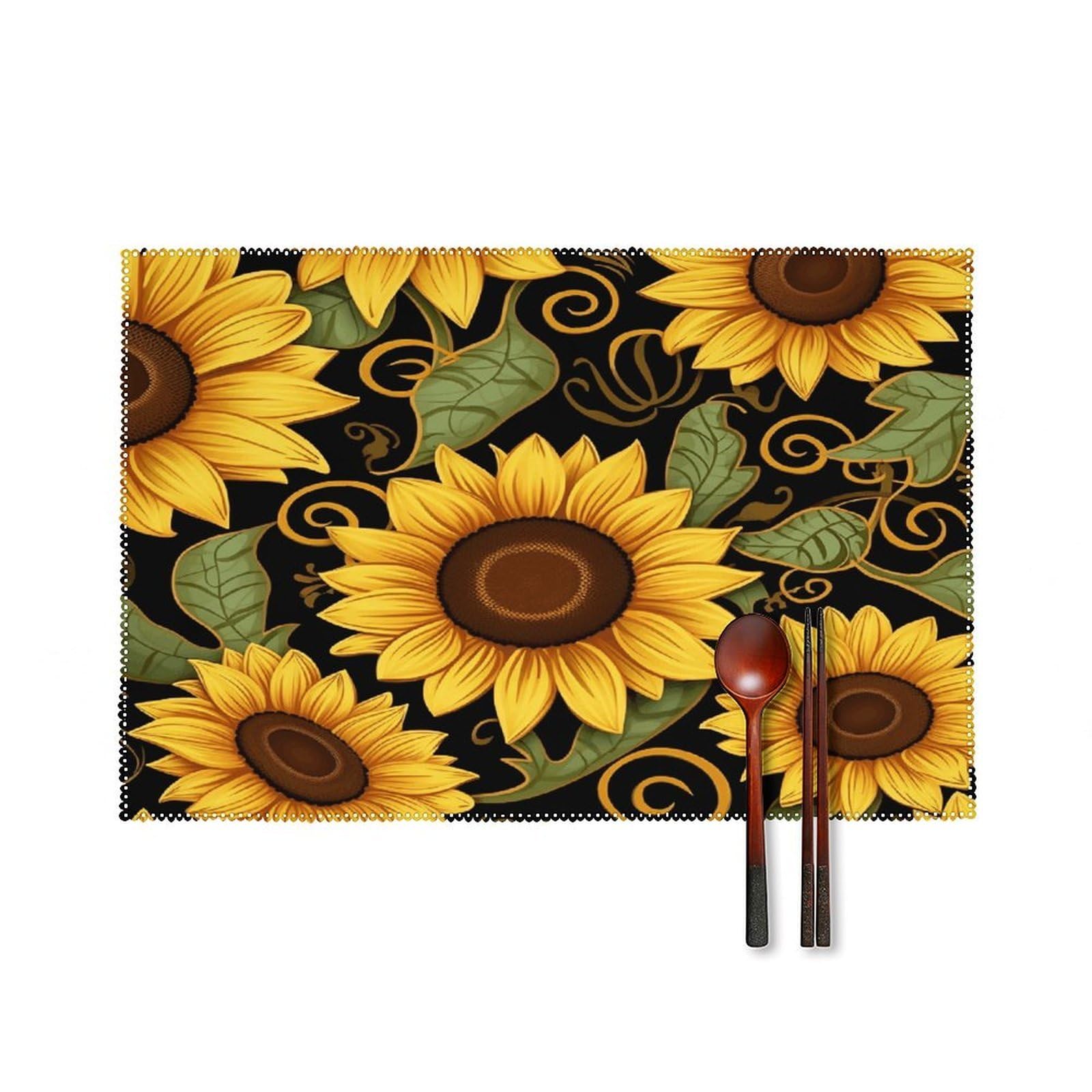 Beautiful Sunflower Placemats Set of 6 Non-Slip Heat Resistant Table Mats Canvas Washable Cloth Place Mats Easy to Clean Premium Placemat for Kitchen Dining Table Decoration