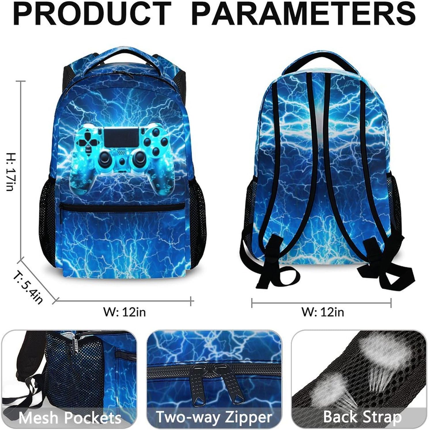 Backpack for Boys Teens, Gamer Schoolbag for Kids Kindergarten Elementary Primary Middle College, 17 Inch Lightweight Gaming Bookbag for Travel Hiking Picnic