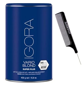 Sleekshop Comb + Schwarzkapf IGORA VARIO BLOND SUPER PLUS, Blue Dust-Free Lightener SUPER version, Blonde Lightening Powder, 2023-2024 Version w/ Sleek Premium Carbon Teasing Anti-Yellow Effect Hair Bleach Vario Blond SUPER Plus 15.8 oz