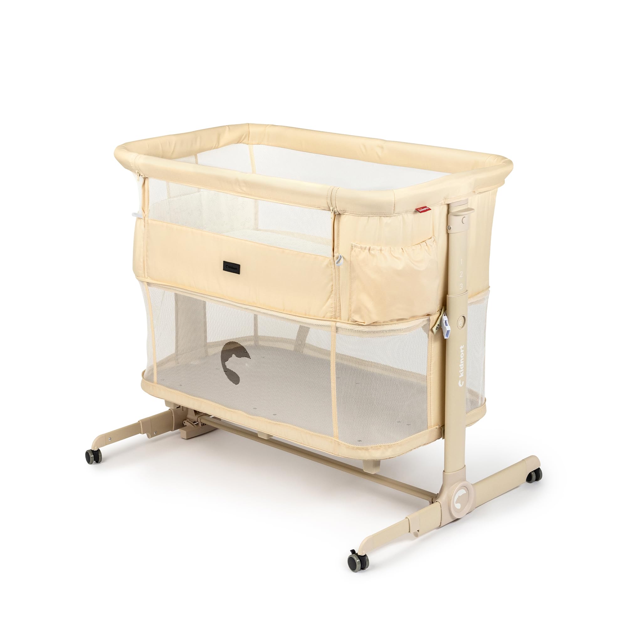 Snäckskal 3 in 1 Babybett Beistellbett Reisebett mit Matratze und Rollen 6 Fach höhenverstellbar mit Wiegefunktion Moskitonetz Laufstall bis 15 kg klappbar Tragetasche Beige