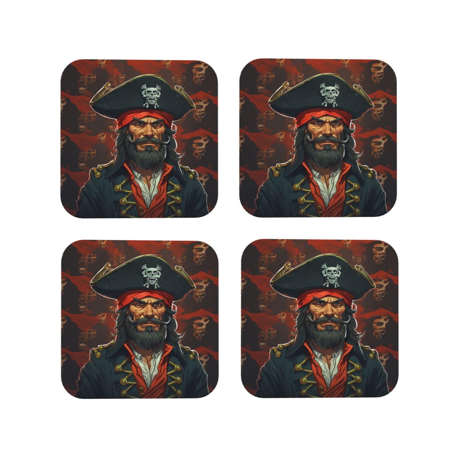4Pcs PU Leather Coaster for Drinks, Pirate Captain Cup Coastersr 4" Cup Mat Pad, Aesthetic Drink Coasters for Coffee Table, Square Coaster for Tabletop Protection