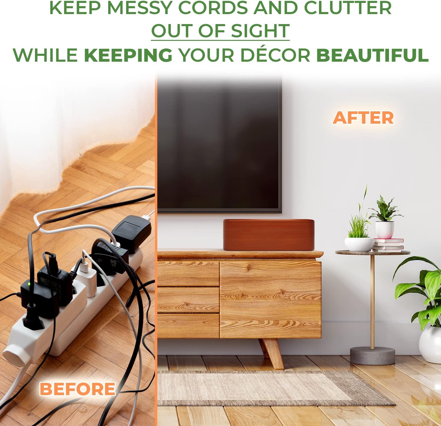TEYGA Bamboo Cable Management Box - Stylish Cord Organizer Box Hides Power Strip and Keeps Cords Untangled - Surge Protector Cover Keeps Child Safe - TV Cord Box for Home and Office