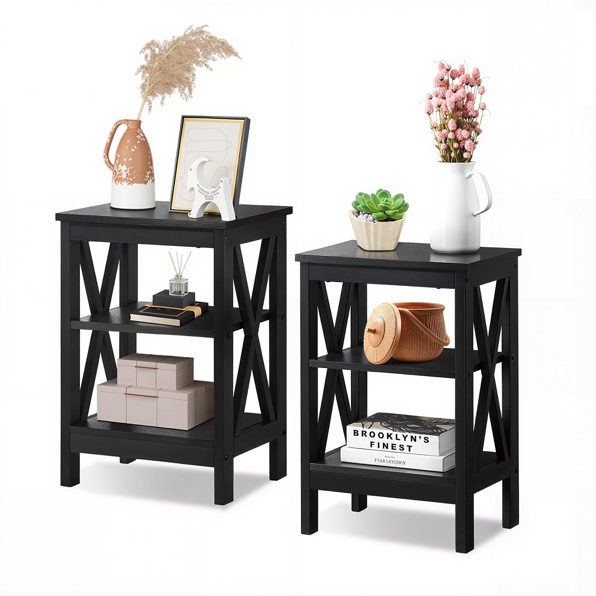 VECELO Side Table Set of 2, 3-Tier Sofa Nightstand Bedside with Storage, X Design Sturdy Metal Frame, Industrial Style for Living Room, Bedroom, Home Office