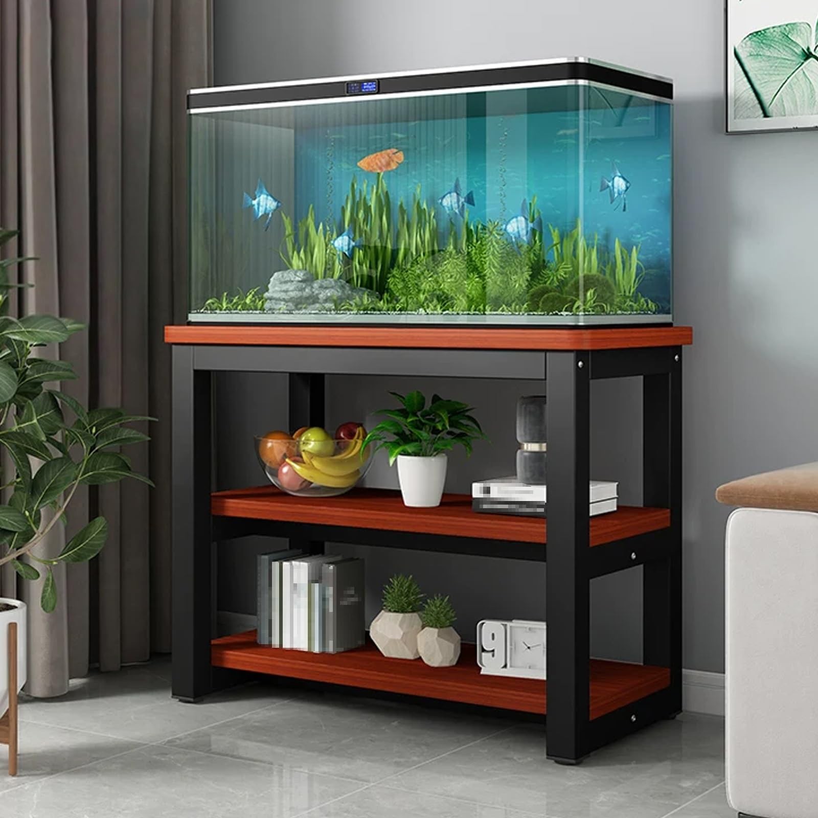 3-stopniowy stojak do akwarium, szafka pod umywalkę z otwartymi półkami, metalowa rama, do przechowywania akcesoriów akwariowych (czarny + brązowy, 100 x 40 x 70 cm)