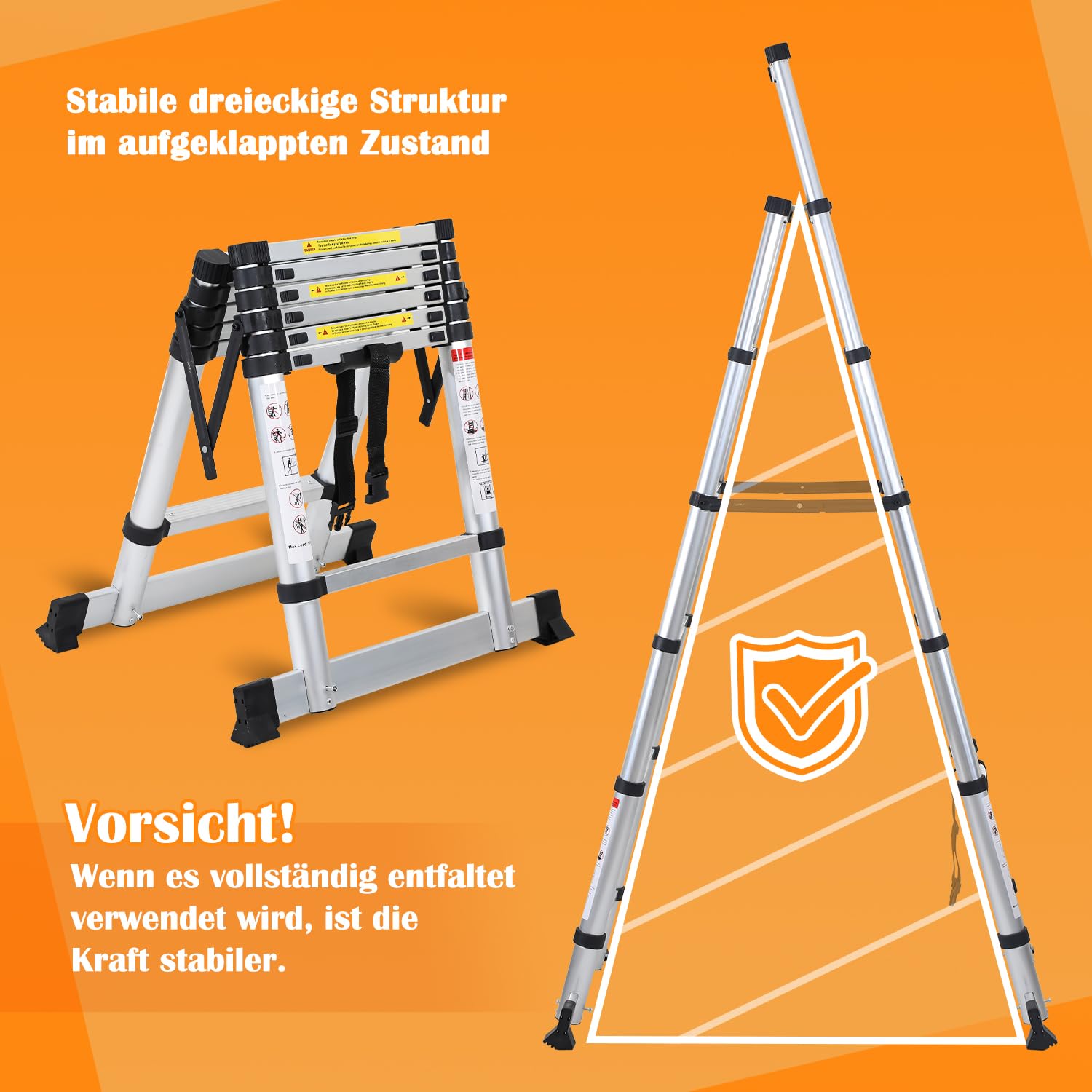 Eulenke Scala telescopica 2 m + 2, 3 m, scala alluminio 6 + 7 gradini A, scala retrattile con barra di bilanciamento portata 150 kg, scala pieghevole, scala allungabile argento