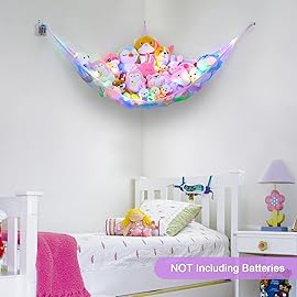 Unicorn Castle Stuffed Animals Net Hammock Kids Toy Storage with LED Light Plush Toy Organizer Corner Hanging Stuffed Animals Holder For Nursery Kids Girls Room Decor