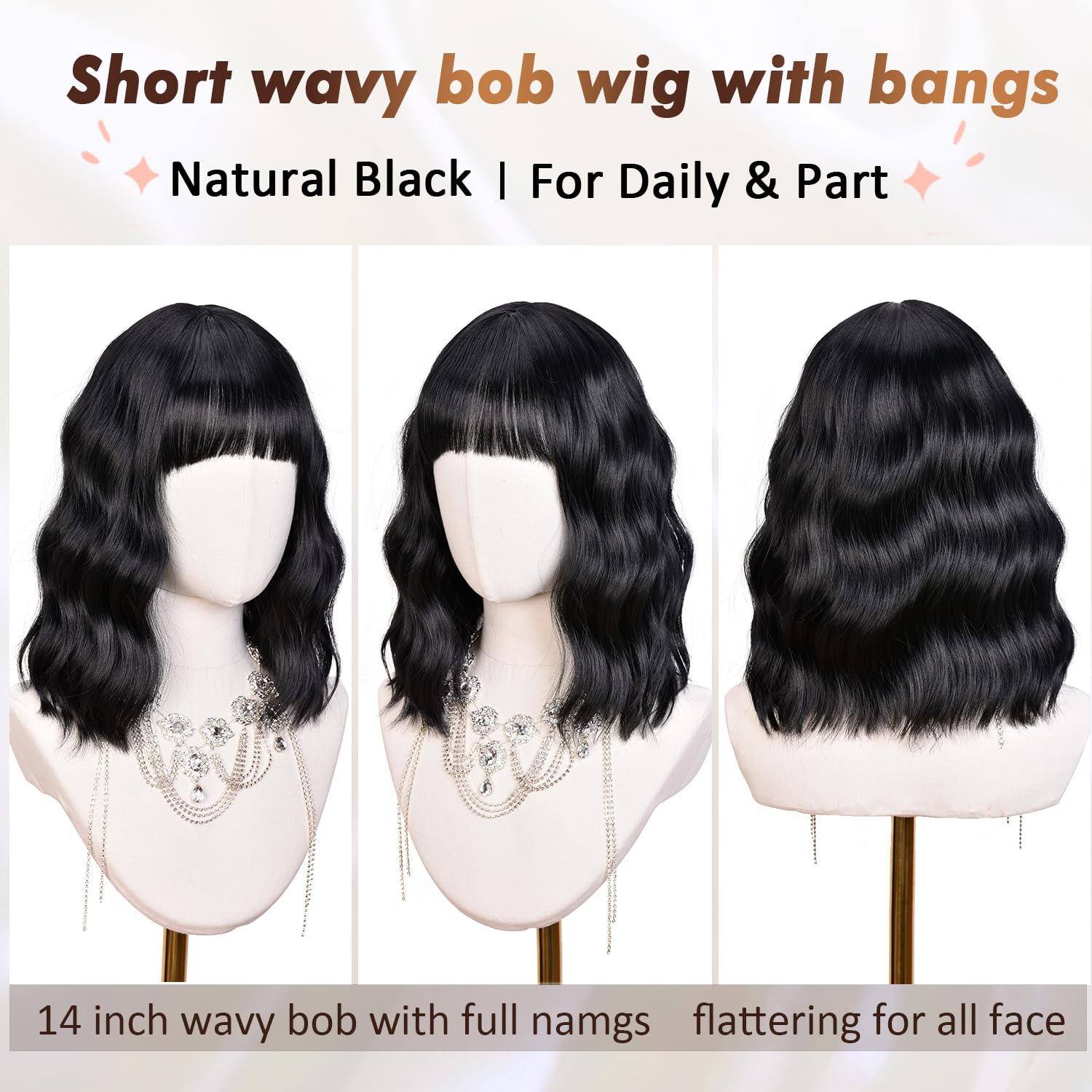 Short Wavy Wig with Bangs for Women Black Bob Wavy Wig Shoulder Length Curly Hair Silky Soft Synthetic Hair Black Wigs for Girls Daily Party Use