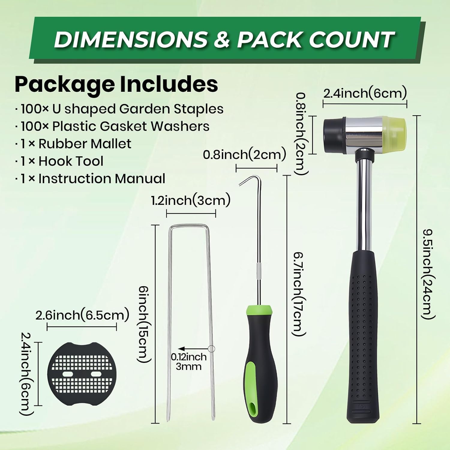 100Pcs Garden Staples +100Pcs Gasket +Pick Hook +Rubber Mallet, 6 Inch Landscape Fabric Stakes Galvanized Weed Barrier Stakes 11 Gauge Landscape Pins U Shape Lawn Staples for Yard, Turf, Sod, Weed Mat