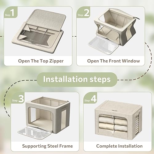 Miniatura 5 de FHSQX Paquete de 3 contenedores de almacenamiento de ropa plegables con marco de metal, caja de almacenamiento apilable, organizador de tela de lino
