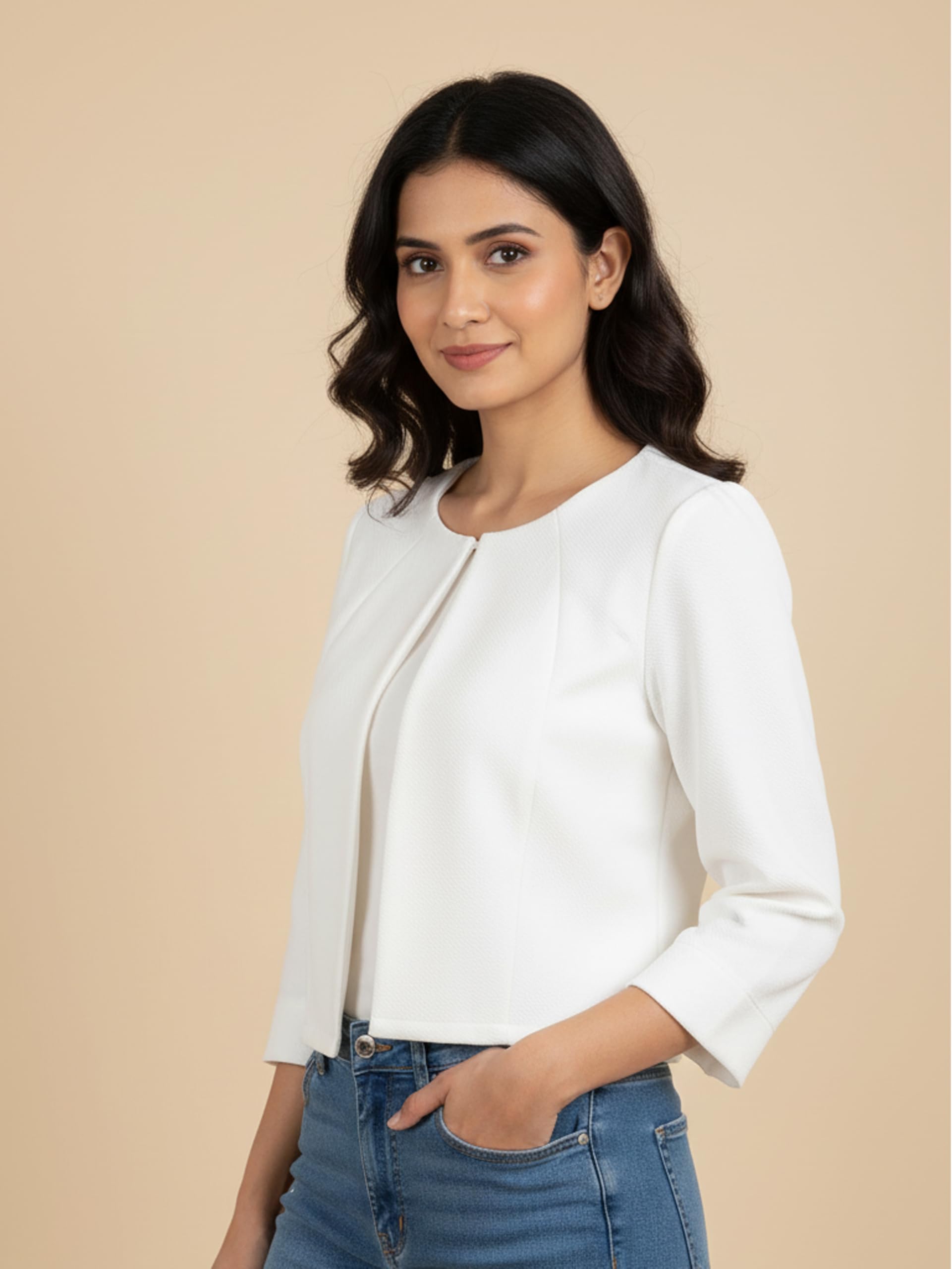 Glito Women's Imported Poly Solid Open-Front Blazer Shrug Jacket - White | Regular Fit | Round Neck | 3/4 Sleeves | Jacket for Women | Ideal for Elegant Workwear & Casual Shrug for Women - Image 4 thumbnail