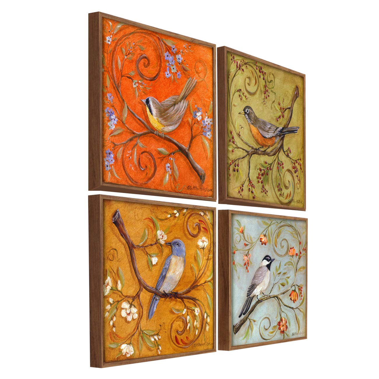 Painting Mantra Colorful Bird Theme Set of 4 Framed Canvas Painting Art Print - 13x13 Inchs